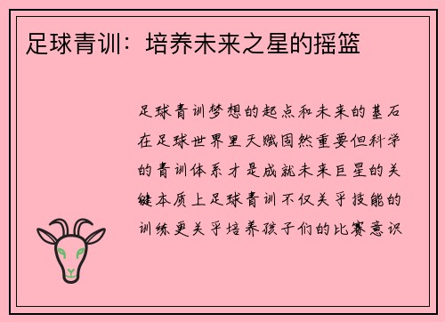 足球青训：培养未来之星的摇篮