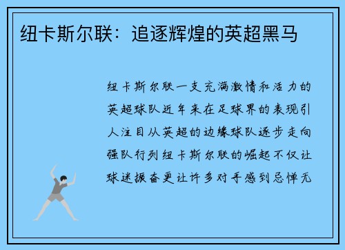 纽卡斯尔联：追逐辉煌的英超黑马