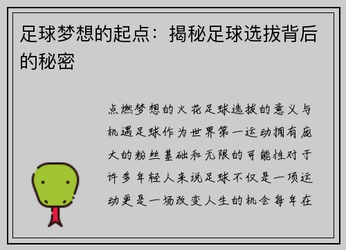 足球梦想的起点：揭秘足球选拔背后的秘密